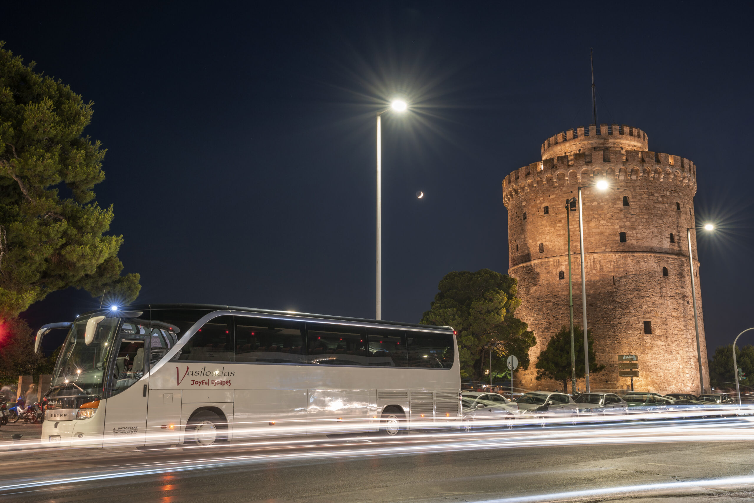 bus right white tower